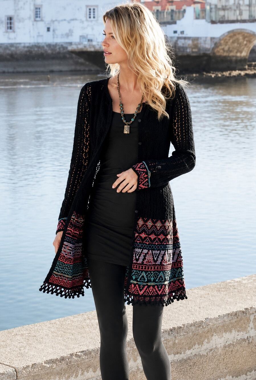 Peruvian Connection Huacas Cardigan Knit Crochet Sweater Dress XS Boho Duster